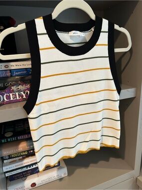 ALC Striped Knit Tank Top - White with Black, Olive & Mustard Stripes